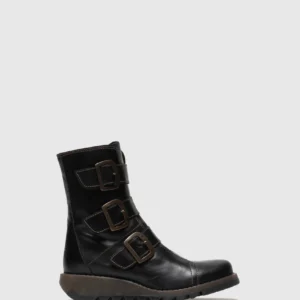 Black Leather Buckle Ankle Boots